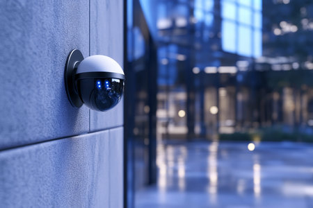 Close up 3d illustration of a wall mounted outdoor security camera with blurred office background