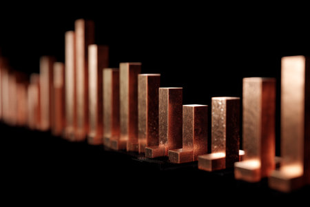 Sharp focus 3d render of a copper bar graph set against a black background for visual impactの写真素材