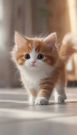 Close up of a fluffy orange and white kitten walking gracefully on a light colored floorの写真素材