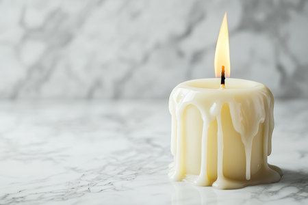 Elegant white candle on marble table with dripping wax perfect for minimalist copy space,の写真素材