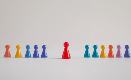 Colorful game pieces on a white table symbolizing online social networks and leadership rolesの写真素材