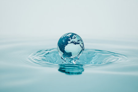 A miniature earth encased in a water droplet on a tranquil surface with a white backgroundの写真素材