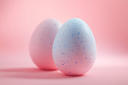 Pastel blue and pink speckled easter eggs on soft pink background for e-commerce photography