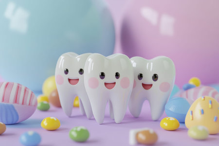 3d render of cute cartoon tooth characters with candy on a pastel background for dental health