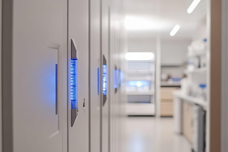 Sleek laboratory storage cabinets with led illumination and test tubes in a bright corridor setting