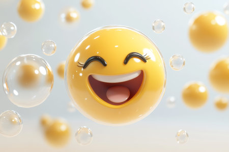 Cheerful 3d cartoon yellow smiley face emoji laughing amidst floating bubbles on light background