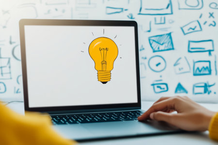 Creative digital work a person typing on a laptop with a yellow lightbulb and artistic backgroundの写真素材