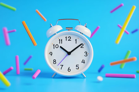 Minimalistic 3d render of a dynamic alarm clock on blue background with colorful moving sticksの写真素材