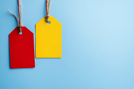 Mockup of two blank red and yellow tags hanging on a string against a light blue backdrop