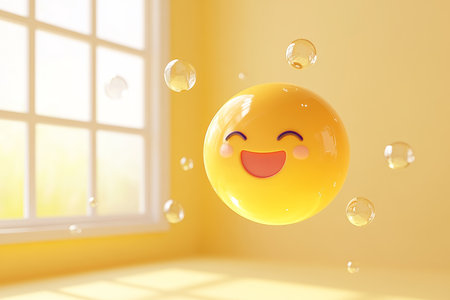 Charming 3d emoji soaring amidst bubbles in a bright yellow setting with a window viewの写真素材