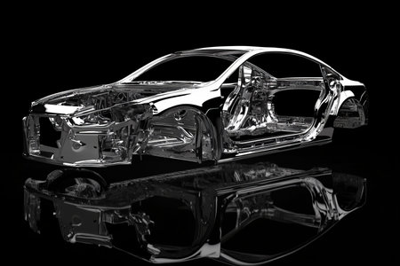 Stunning 3d render of a chrome car frame against a sleek black background in photographic style