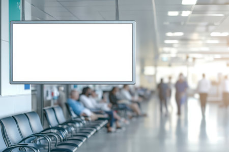 Blank billboard in hospital waiting room with blurred background of people and medical equipmentの写真素材