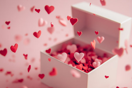 Romantic atmosphere with floating heart confetti and a gift box filled with love and joyの写真素材