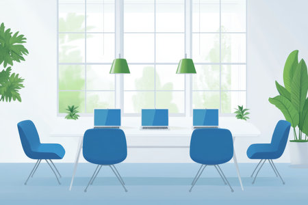 Modern conference room with office table, laptops, blue chairs, and minimalist decor elementsの写真素材