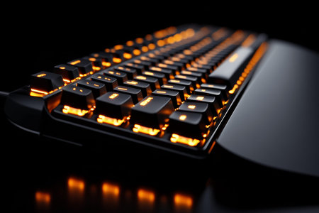 Sleek black keyboard with orange backlighting showcased against a dark isolated background