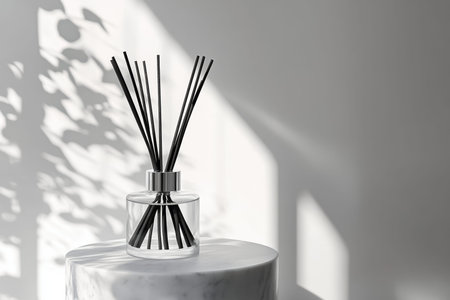 Elegant reed diffuser with black sticks on white marble plinth in soft natural lighting