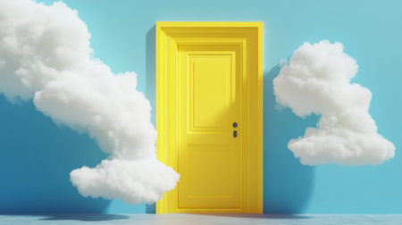 Elegant geometric design featuring yellow background with cloud and door elements in 3d style