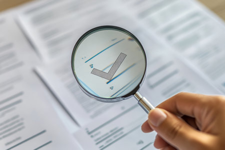 Examination quality control magnifying glass over document with check mark on white backgroundの写真素材