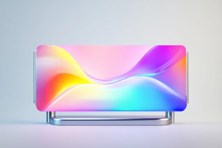 Modern 3d abstract display with colorful waves and metal accents against a white background
