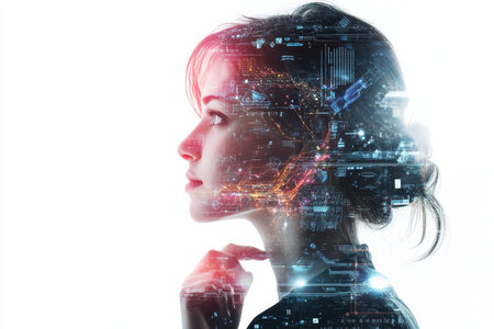 Double exposure of a contemplative businesswoman with digital elements and ai technology themesの写真素材