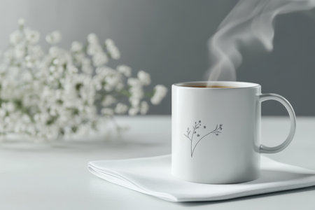 Minimalistic white mug mockup with tea and steam, floral background, soft shadows, and lightingの写真素材
