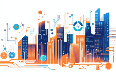 Minimalistic vector illustration of digital transformation featuring charts and a cityscape designの写真素材