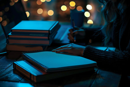 Close up of a woman s hands writing in a notebook amidst books and a laptop with bokeh effectの写真素材