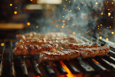 Close up image of grilled sausages showcasing delicious sizzle and charred perfection