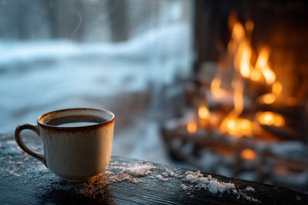 Cozy winter evening a close up of hot coffee by a crackling fireplace in a snowy landscapeの写真素材
