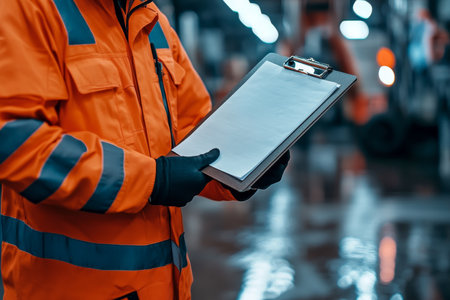 Service technician in orange uniform taking notes at car workshop close up photography shotの写真素材
