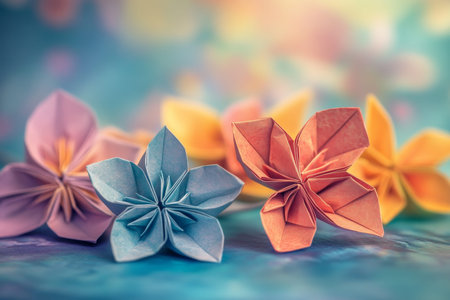Pastel origami flowers crafted from paper on a table in beautiful watercolor styleの写真素材