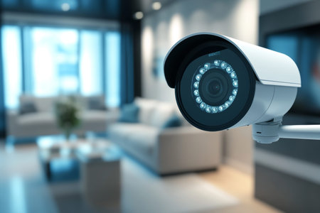 Home security system featuring cctv camera and display screen in a smart living room environment