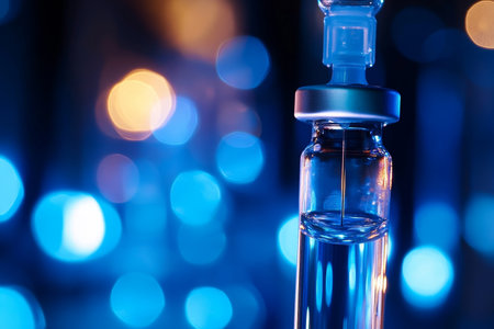 Close up of syringe and vial with needle on blue medical background for conceptual banner designの写真素材