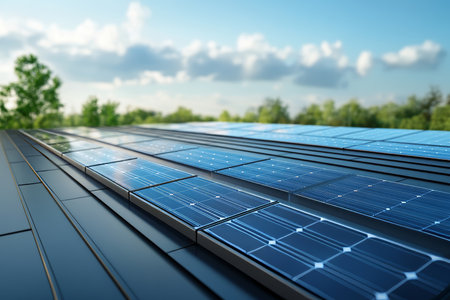 Aerial view of a modern warehouse with solar panels surrounded by lush green landscapeの写真素材