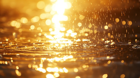 Tranquil abstract water surface with golden sunlight, raindrops, and gentle ripples for design useの写真素材