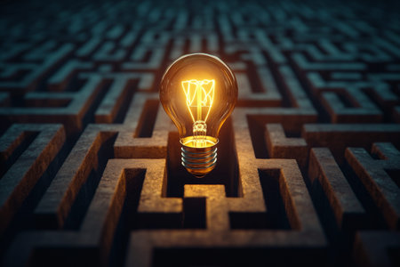 Illuminated light bulb in a complex maze a symbol of innovation and creative business strategy