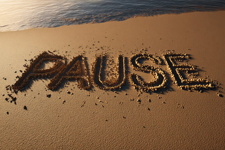 Photorealistic top view of the word pause written in sand on a scenic beach landscapeの写真素材
