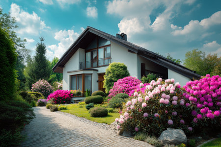 Stunning modern country house surrounded by blooming rhododendrons with a panoramic polish landscapeの写真素材