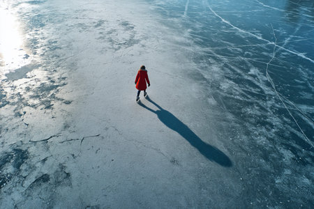 Aerial view of a girl in a red coat gliding gracefully on icy surface amidst cracks and cool colors