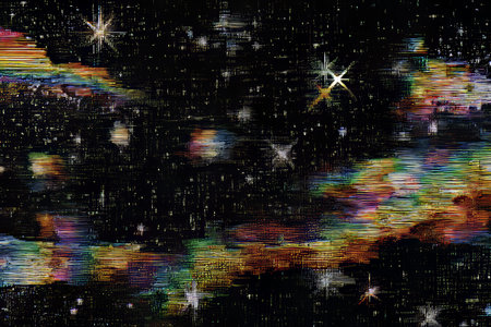 Glitchy digital artwork of pixelated rainbow stars and galaxies against a black background