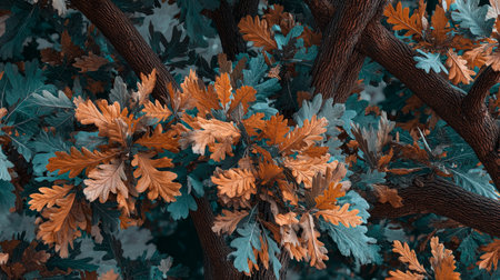 Aerial view of an oak tree with vibrant orange and blue leaves against a dark brown background