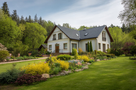 Charming two story family home surrounded by lush forest and vibrant summer flower beds