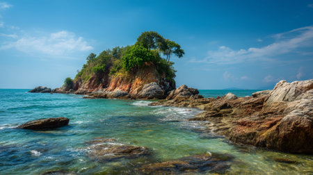 Serene coastal landscape in phuket, thailand tropical beach with blue sky and green waters