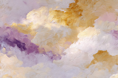 Abstract artwork featuring light purple and gold clouds on a beige background with soft lightingの写真素材