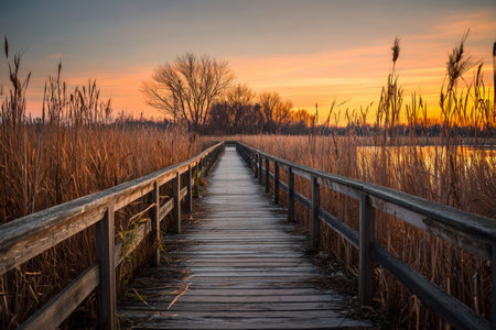Stunning sunrise over a wooden boardwalk surrounded by tall reedsの写真素材