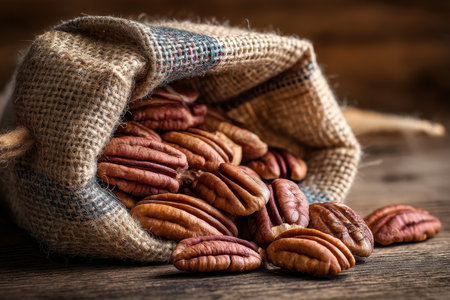 Close up of shelled pecan nuts spilling from a burlap sack on a wooden table surfaceの写真素材
