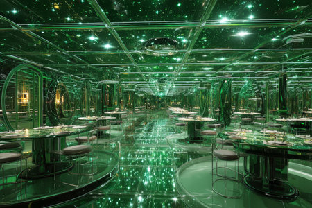 Futuristic green metallic room with glass furniture and emerald installation under a starry skyの写真素材