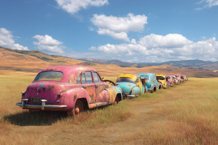 A row of old rusty cars in an open field captured in a stunning photorealistic styleの写真素材