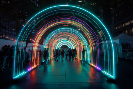 Futuristic led archway installation illuminating a vibrant urban street with colorful neon lightsの写真素材