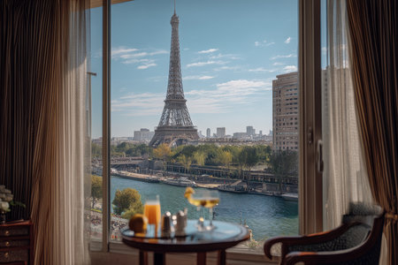 Stunning view of the eiffel tower through a hotel window with drinks and paris cityscapeの写真素材